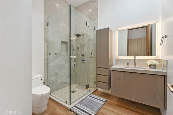Bathroom, Glass Shower, Interior, Recessed Lighting, Wood Texture Flooring