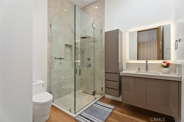 Bathroom, Glass Shower, Interior, Recessed Lighting, Wood Texture Flooring