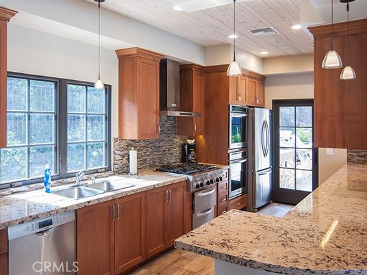 Interior, Kitchen, Pendant Lights, Recessed Lighting, Stainless Steel Appliances, Wooden Ceilings, Wood Texture Flooring