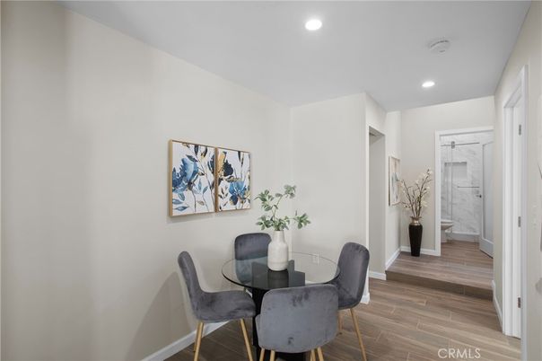 Dining room, Interior, Recessed Lighting, Wood Texture Flooring