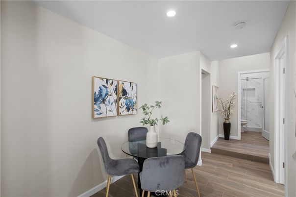 Dining room, Interior, Recessed Lighting, Wood Texture Flooring