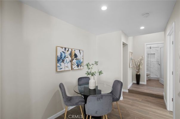 Dining room, Interior, Recessed Lighting, Wood Texture Flooring