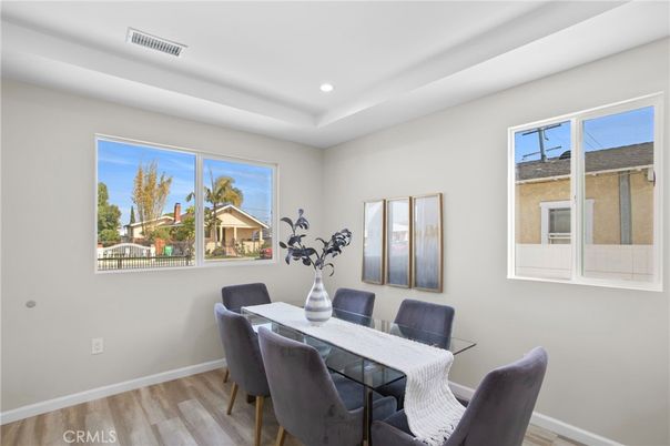 Dining room, Interior, Recessed Lighting, Wood Texture Flooring