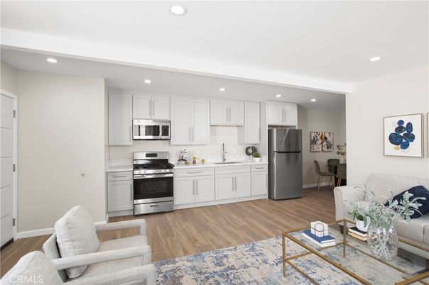 Interior, Kitchen, Living room, Recessed Lighting, Stainless Steel Appliances, Wood Texture Flooring