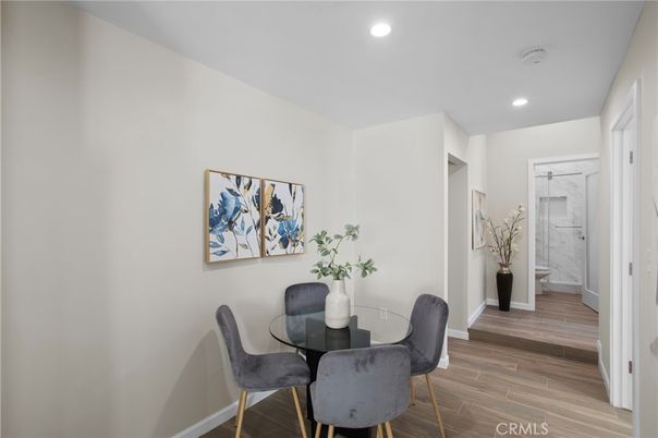 Dining room, Interior, Recessed Lighting, Wood Texture Flooring