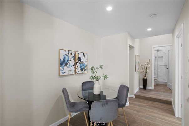 Dining room, Interior, Recessed Lighting, Wood Texture Flooring