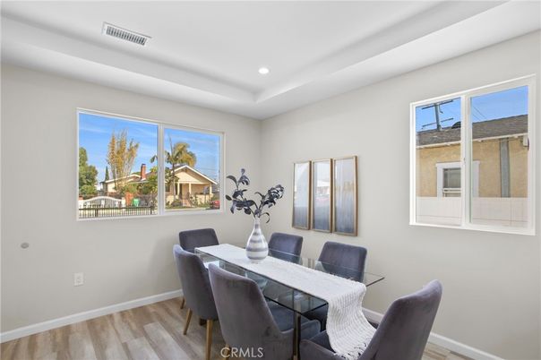 Dining room, Interior, Recessed Lighting, Wood Texture Flooring