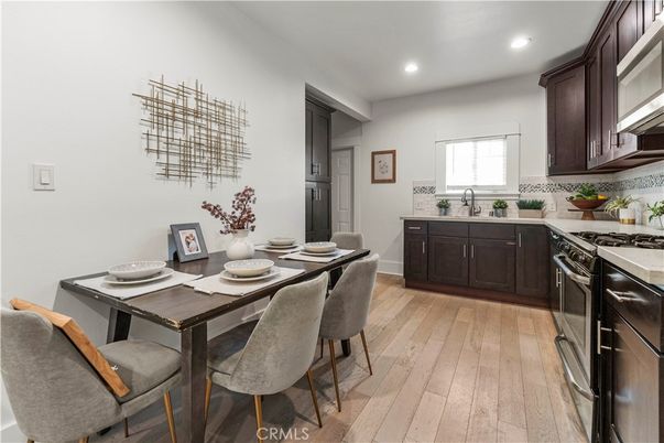 Dining room, Interior, Kitchen, Recessed Lighting, Wood Texture Flooring