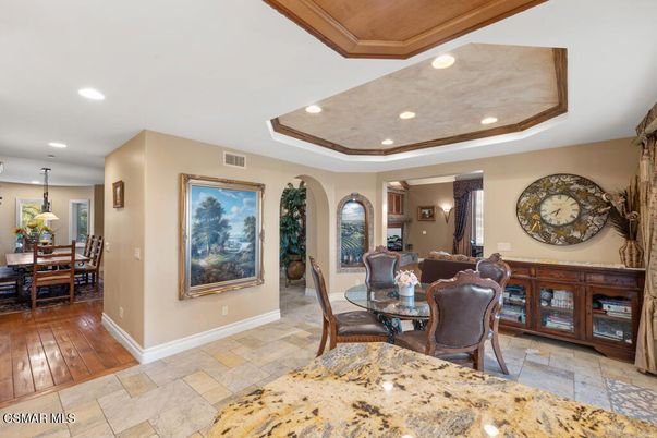 Dining room, Interior, Pendant Lights, Recessed Lighting, Wood Texture Flooring