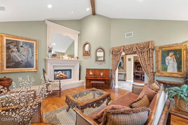 Fireplace, Interior, Living room, Recessed Lighting, Wooden Beams, Wood Texture Flooring
