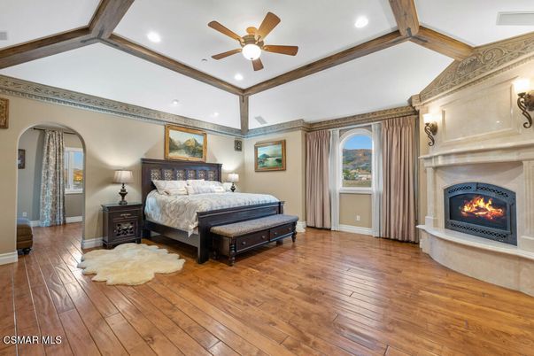 Bedroom, Fireplace, Interior, Recessed Lighting, Wooden Beams, Wood Texture Flooring
