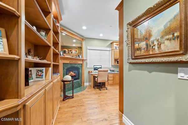 Fireplace, Home Office, Interior, Recessed Lighting, Wood Texture Flooring