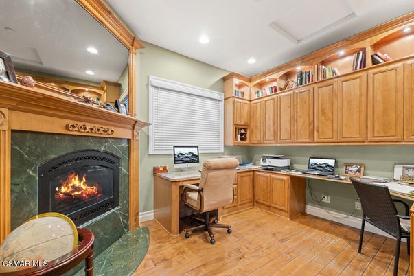 Fireplace, Home Office, Interior, Recessed Lighting, Wood Texture Flooring