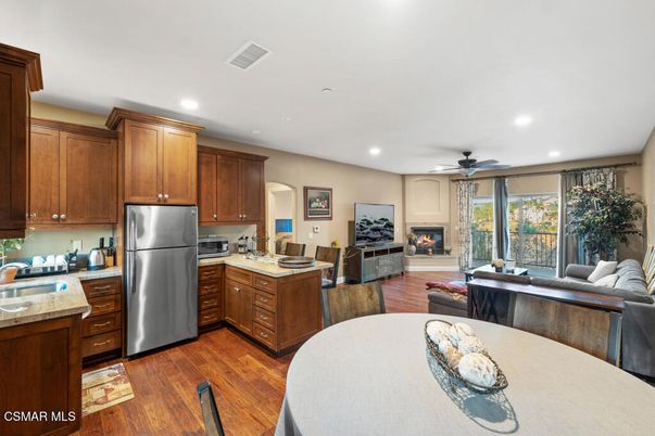 Fireplace, Interior, Kitchen, Living room, Recessed Lighting, Wood Texture Flooring