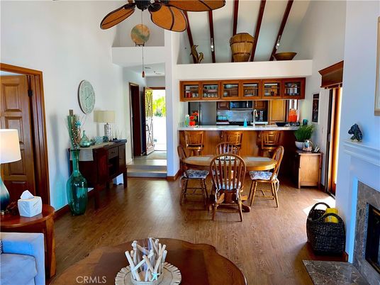 Dining room, Fireplace, Interior, Kitchen, Pendant Lights, Wood Texture Flooring