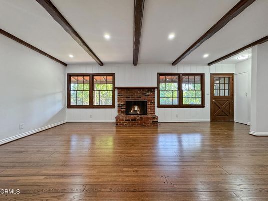 Empty room, Fireplace, Interior, Recessed Lighting, Wooden Beams, Wood Texture Flooring