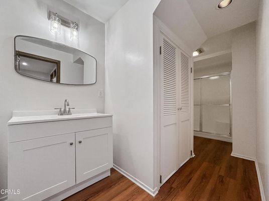 Bathroom, Glass Shower, Interior, Recessed Lighting, Wood Texture Flooring