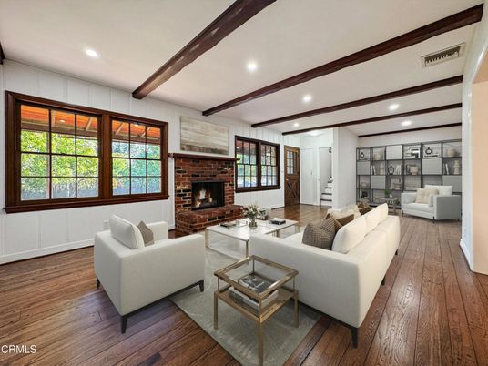 Fireplace, Interior, Living room, Recessed Lighting, Stone Walls, Wooden Beams, Wood Texture Flooring