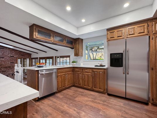 Interior, Kitchen, Recessed Lighting, Stainless Steel Appliances, Stone Walls, Wood Texture Flooring