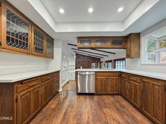 Interior, Kitchen, Recessed Lighting, Stainless Steel Appliances, Stone Walls, Wood Texture Flooring