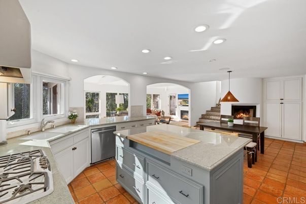 Fireplace, Interior, Kitchen, Pendant Lights, Recessed Lighting, Stainless Steel Appliances