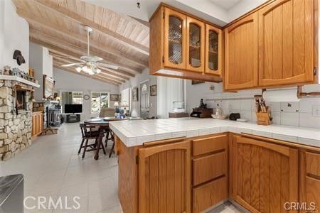 Dining room, Fireplace, Interior, Kitchen, Tile Countertops, Wooden Beams, Wooden Ceilings