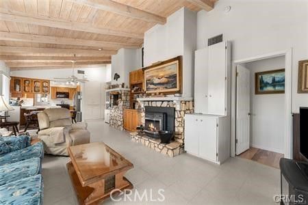 Fireplace, Interior, Kitchen, Living room, Pendant Lights, Recessed Lighting, Stainless Steel Appliances, Wooden Beams, Wooden Ceilings