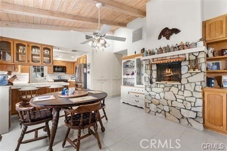 Dining room, Fireplace, Interior, Kitchen, Stainless Steel Appliances, Stone Walls, Wooden Beams, Wooden Ceilings
