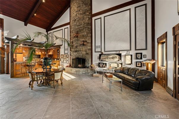 Dining room, Fireplace, Interior, Recessed Lighting, Stone Walls, Wooden Beams, Wooden Ceilings