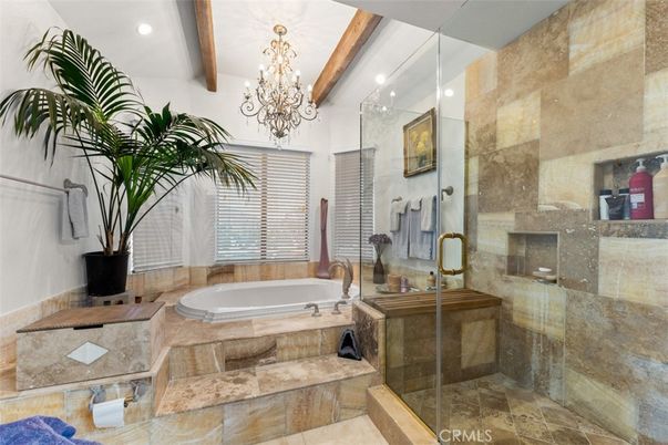 Bathroom, Chandelier, Glass Shower, Interior, Recessed Lighting, Wooden Beams