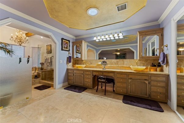 Bathroom, Chandelier, Dual Sink Vanities, Interior, Recessed Lighting