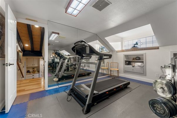 Fitness Equipment, Gym, Interior, Recessed Lighting, Wooden Ceilings, Wood Texture Flooring