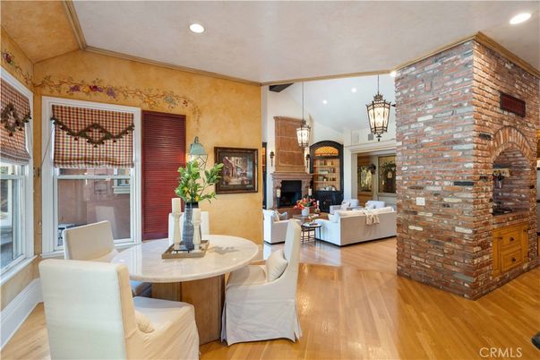 Dining room, Fireplace, Interior, Living room, Pendant Lights, Recessed Lighting, Stone Walls, Wood Texture Flooring