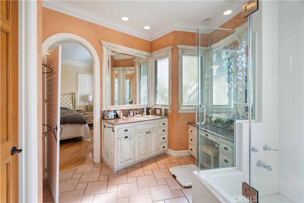 Bathroom, Bedroom, Glass Shower, Interior, Recessed Lighting, Wood Texture Flooring