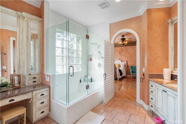 Bathroom, Bedroom, Glass Shower, Interior, Recessed Lighting, Wood Texture Flooring