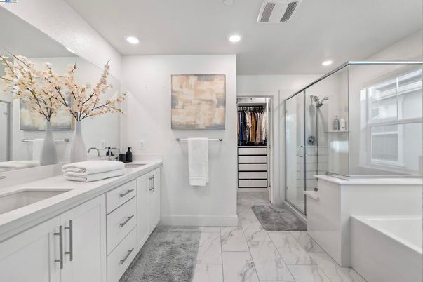 Bathroom, Dual Sink Vanities, Glass Shower, Interior, Marble, Recessed Lighting