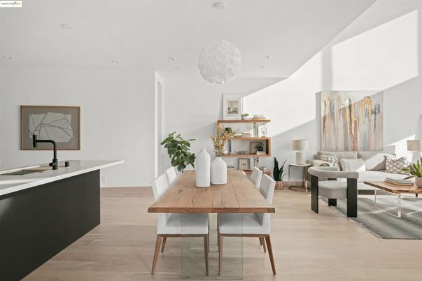 Dining room, Interior, Living room, Pendant Lights, Recessed Lighting, Wood Texture Flooring
