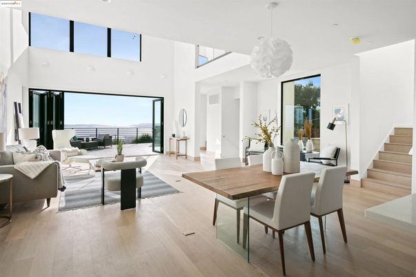 Dining room, Interior, Living room, Pendant Lights, Wood Texture Flooring