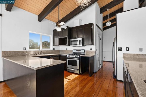 Interior, Kitchen, Pendant Lights, Stainless Steel Appliances, Wooden Beams, Wooden Ceilings, Wood Texture Flooring