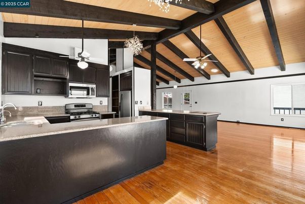 Chandelier, Interior, Kitchen, Stainless Steel Appliances, Wooden Beams, Wooden Ceilings, Wood Texture Flooring