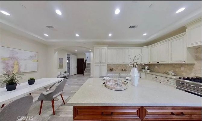 Dining room, Interior, Kitchen, Recessed Lighting, Stainless Steel Appliances, Wood Texture Flooring
