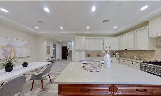 Dining room, Interior, Kitchen, Recessed Lighting, Stainless Steel Appliances, Wood Texture Flooring