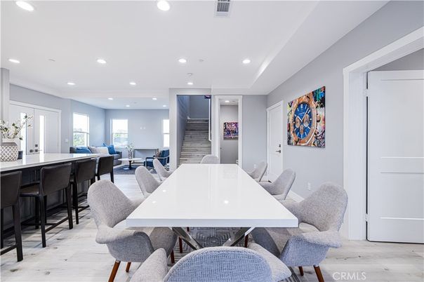 Dining room, Interior, Living room, Recessed Lighting, Wood Texture Flooring