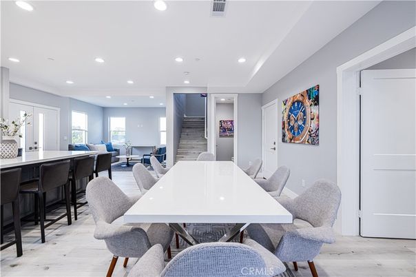 Dining room, Interior, Living room, Recessed Lighting, Wood Texture Flooring