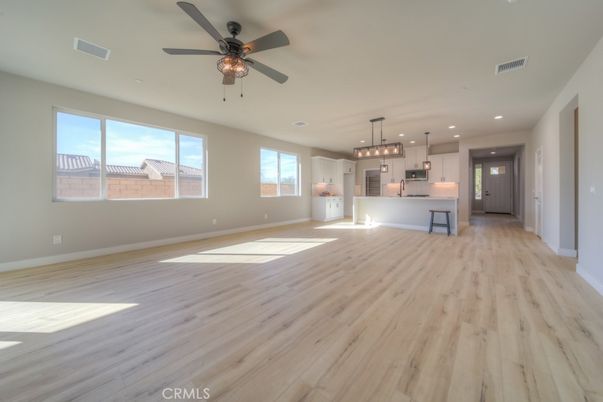 Empty room, Interior, Kitchen, Pendant Lights, Recessed Lighting, Wood Texture Flooring