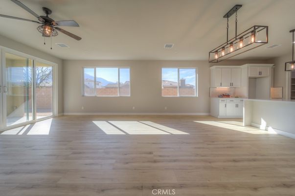 Empty room, Interior, Kitchen, Pendant Lights, Wood Texture Flooring