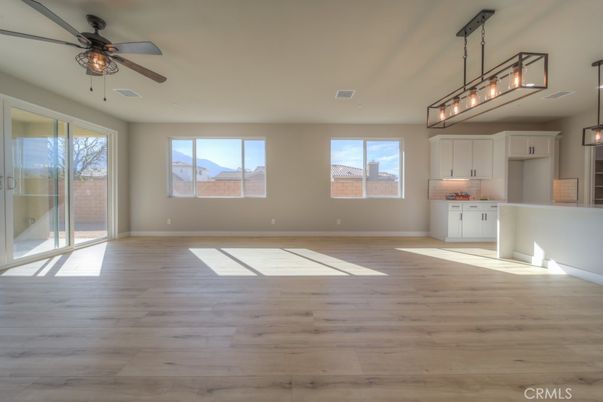 Empty room, Interior, Kitchen, Pendant Lights, Wood Texture Flooring