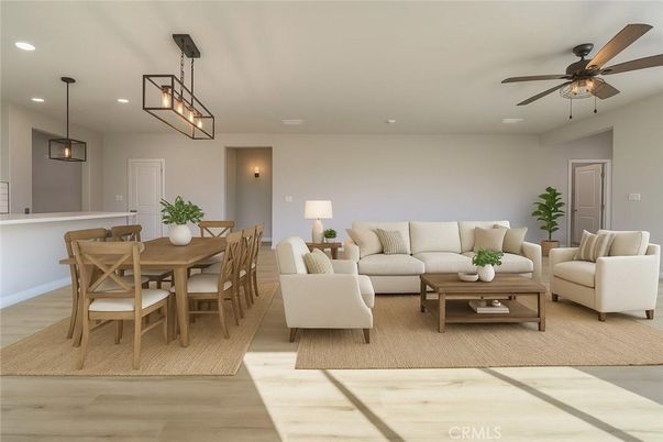 Dining room, Interior, Living room, Pendant Lights, Recessed Lighting, Wood Texture Flooring