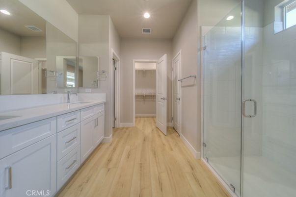 Bathroom, Dual Sink Vanities, Glass Shower, Interior, Recessed Lighting, Walk-in Closets, Wood Texture Flooring