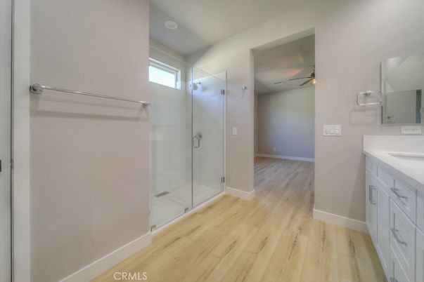 Bathroom, Glass Shower, Interior, Wood Texture Flooring